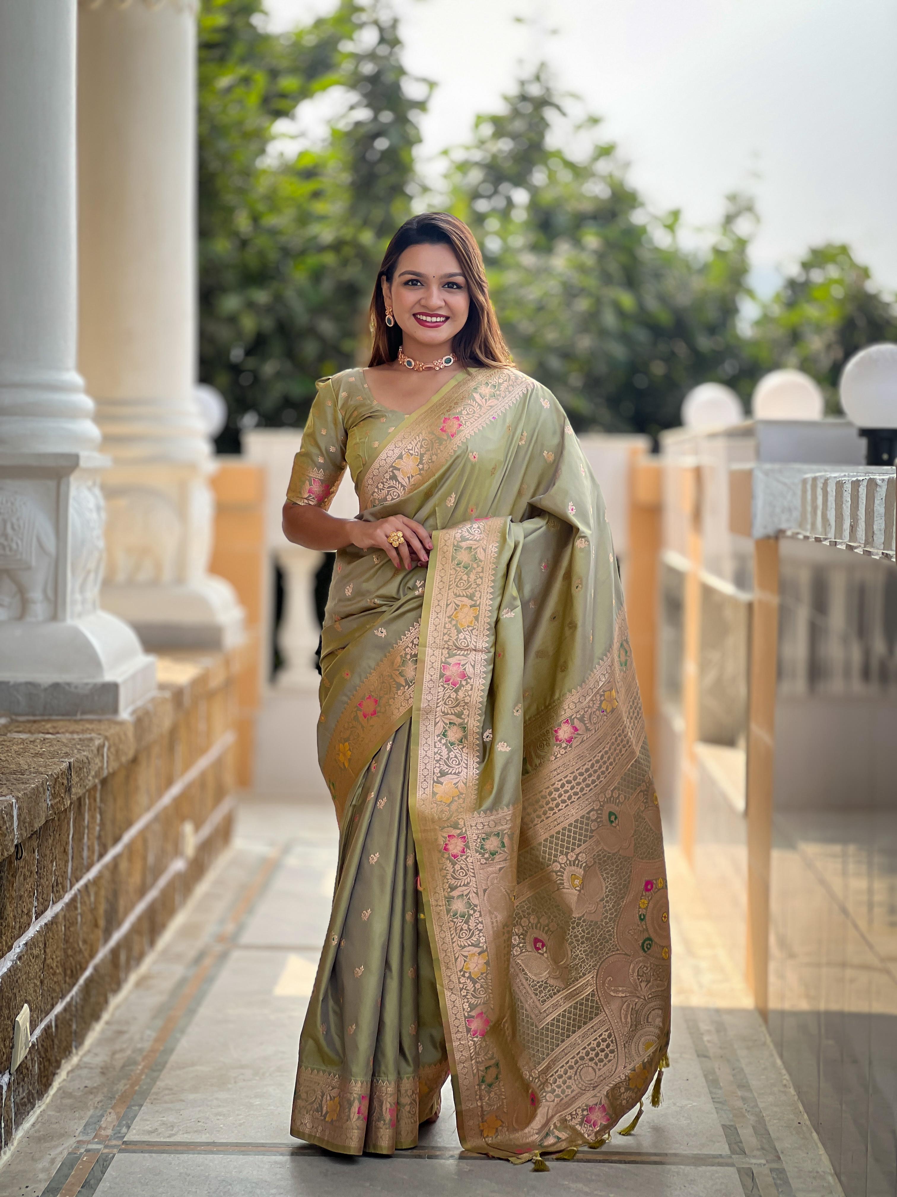 Zari weawing Rich meenakari pallu with Meenakari  weawing border & Tassels Banarasi Silk Saree